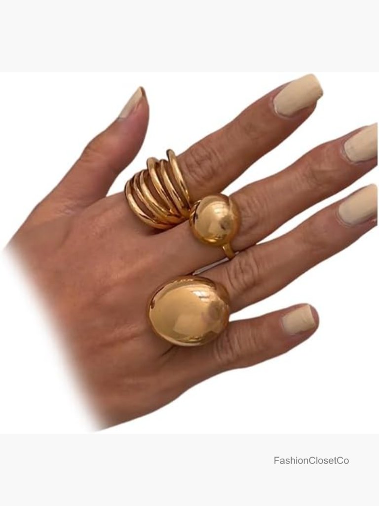 Chunky Stacked Dome Knuckle Rings Set For Women - 3pc Vintage Geometric